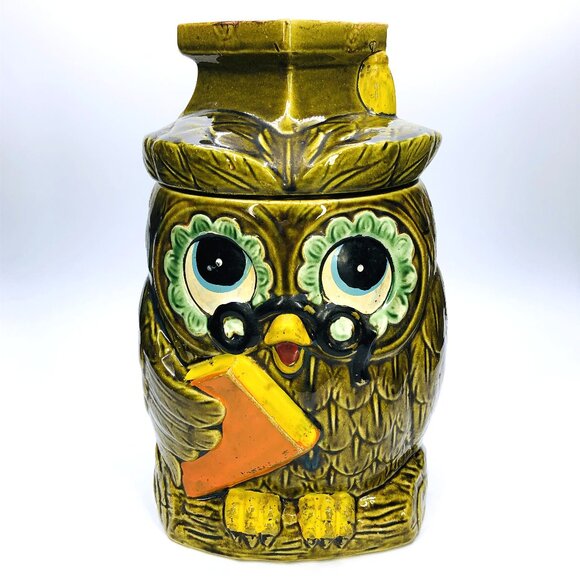 Vintage 60s Wise Owl Cookie Jar: Mid-Century Kitsch Ceramic Countertop Canister - Picture 1 of 15